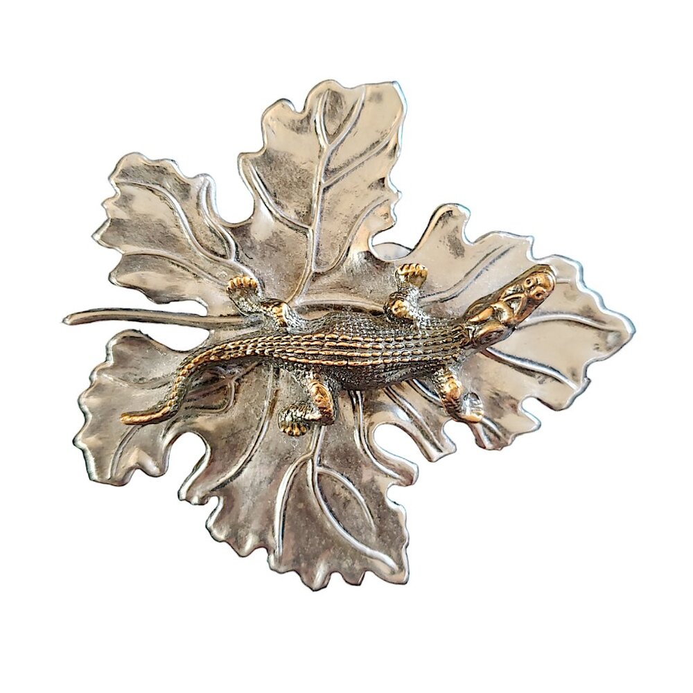 Alligator on Leaf Scarf or Hair Clip by Sylvia Dahl Statement Figural Jewelry